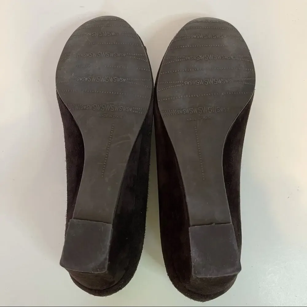 Stuart Weitzman Brown Suede Leather Buckle Wedge Shoes Women's Round Toe Size 6 - Picture 9 of 9